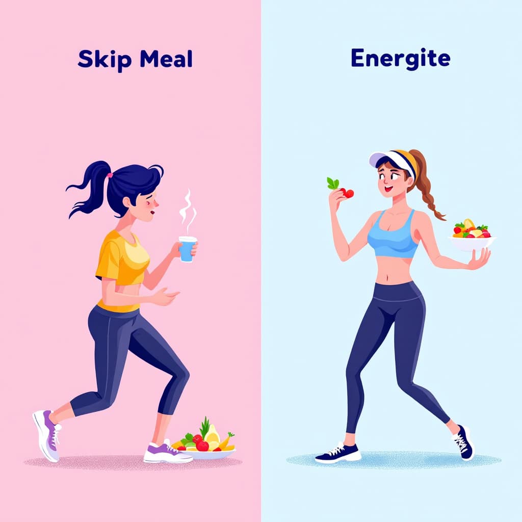 AI generated: A side-by-side comparison of a tired sports young woman skipping meals - starved with low energy, no...