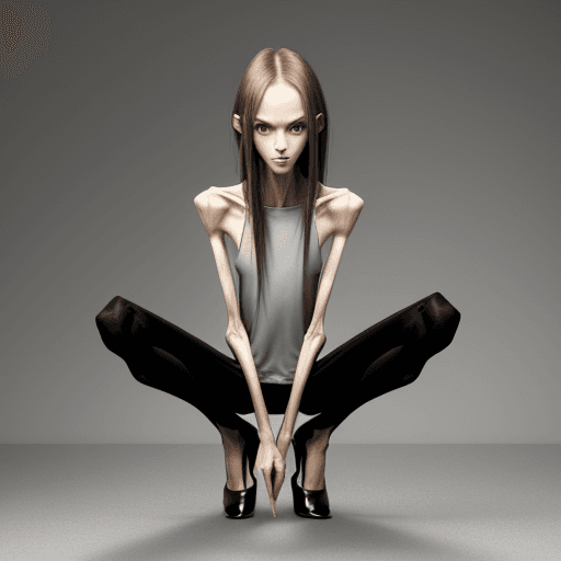 AI generated: squatting position of extreme skinny slender anorexic girl very skinny slender girl, with long curve...