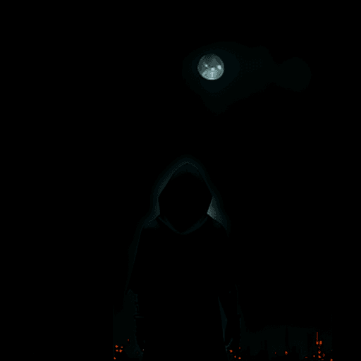 AI generated: Ruined post-apocalyptic city. Hooded person from the back. Rain, night with moonlight