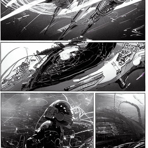 AI generated: boy in spacesuit, spaceship inside, Tsutomu Nihei style, Sidonia no Kishi, gigantism, laser generato...