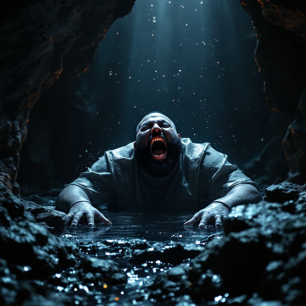 AI generated: DJ Khaled in a cave incredibly lost and screaming, 8k, HD, nanites, volumetric lighting, low quality
