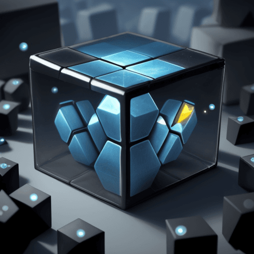 AI generated: army of men with a geometric cube instead of a head. in a futuristic environment where amber bubbles...
