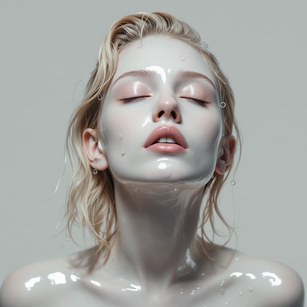AI generated: a stylized artistic representation of a person with pale skin, light blonde hair, and closed eyes. T...
