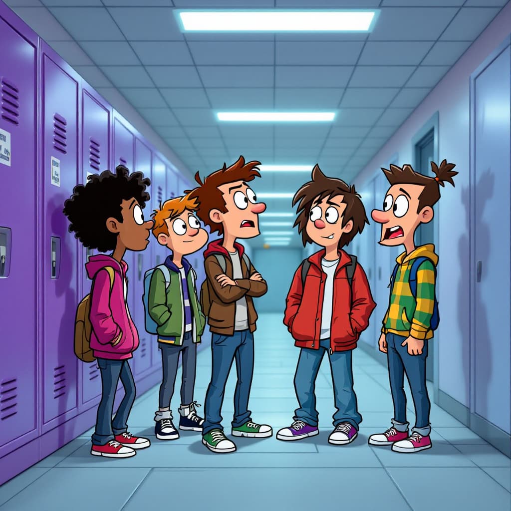 AI generated: A group of quirky teenage cartoon characters arguing in the school hallway near the lockers, each wi...