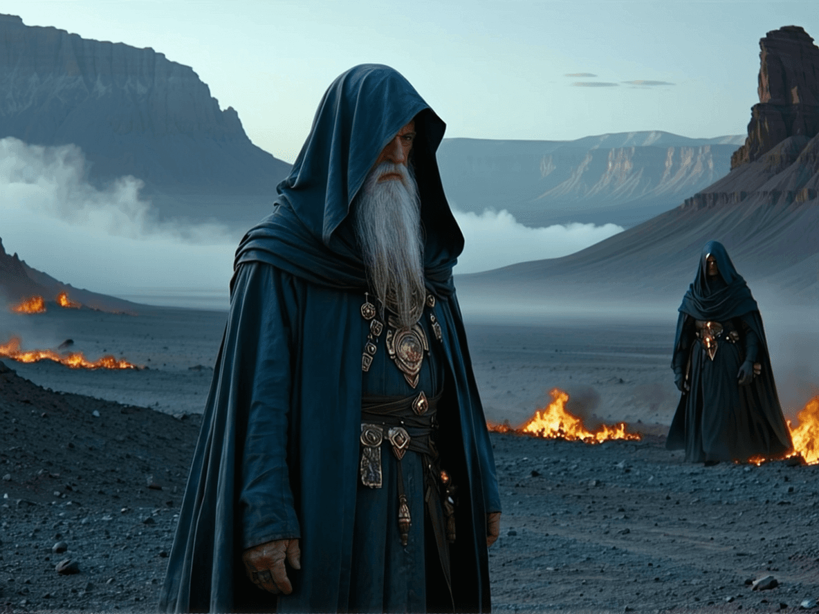 AI generated: Sci-fi, an (ancient looking man:1.3), who looks (like a Prophet from Biblical times:1.5), wanders a ...