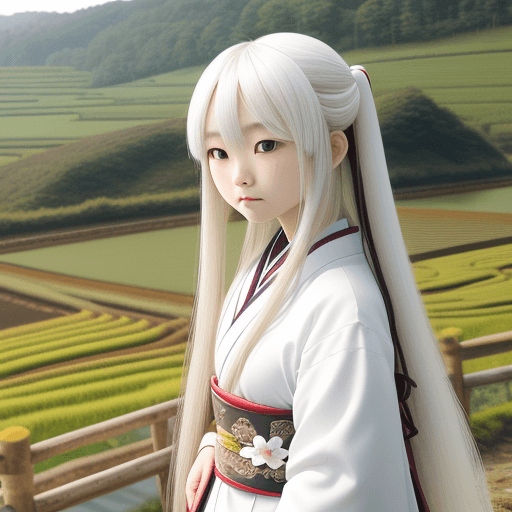 AI generated: photo detail, focus, wide shot
japanese girl, beauty, white long hair
country side