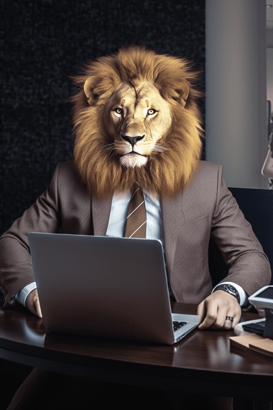 AI generated: businessman with a photorealistic Lions's head:: 2 poses in shirt with a bitcoin logo:: 1 life in th...