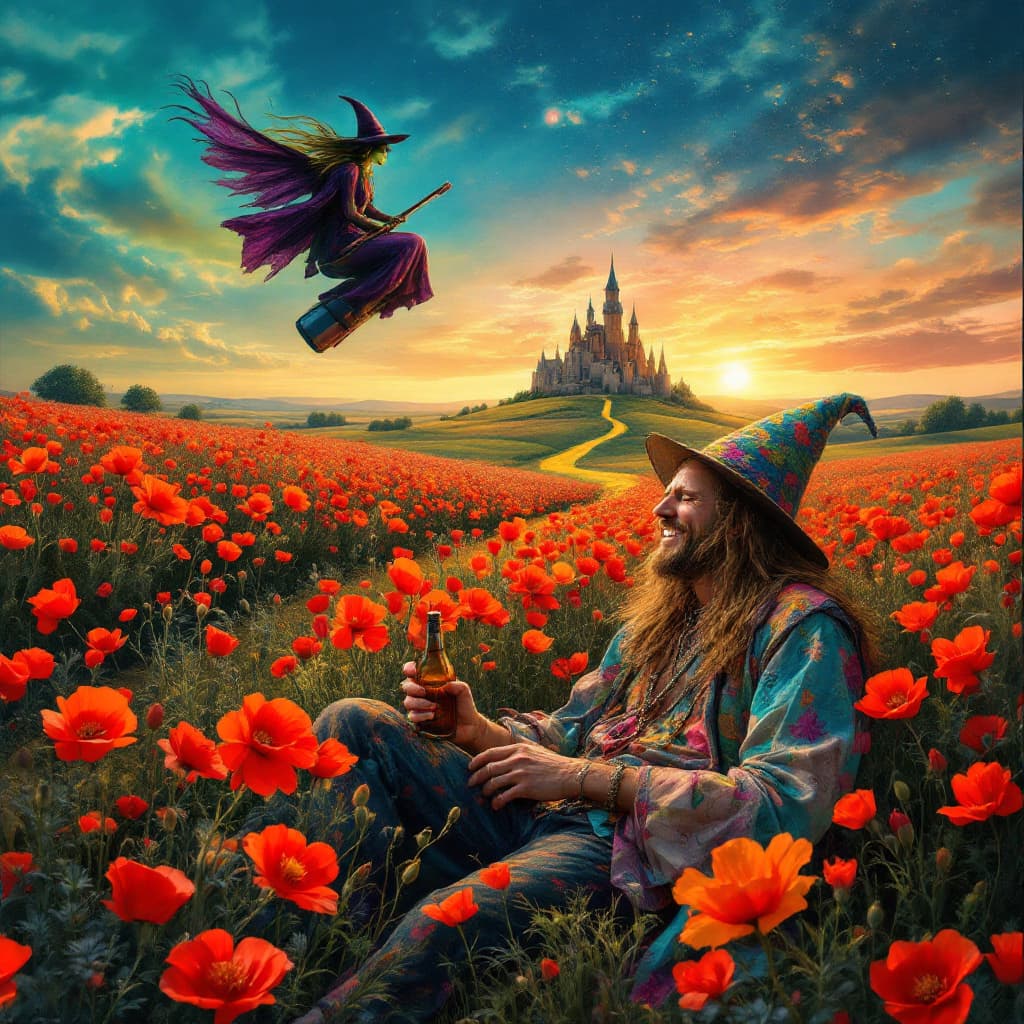 AI generated: a totally wasted  hippie with a dopey grin partly closed eyes is  in a field of poppies laying prone...