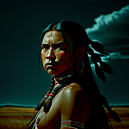 AI generated: A Sioux girl, cinematic background, lonely, fierce, powerful, modest