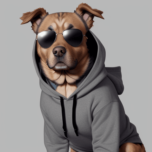 AI generated: "Wild and dignified eyes shining through sunglasses, a dog wearing a gray hoodie, against a dynamic ...