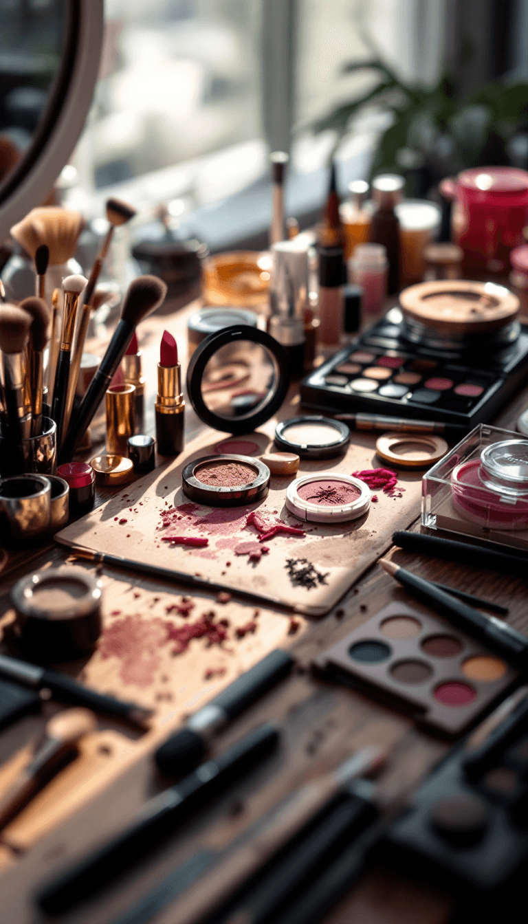 AI generated: a table with makeup products like brushes, eyeshadow, lipstick, and more --ar 2:3 --v 6.0
