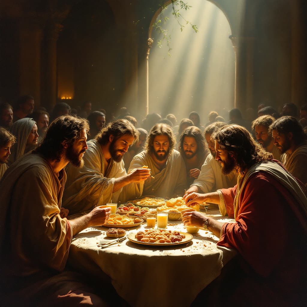 AI generated: The lord jesus breaking bread in a crowded place 