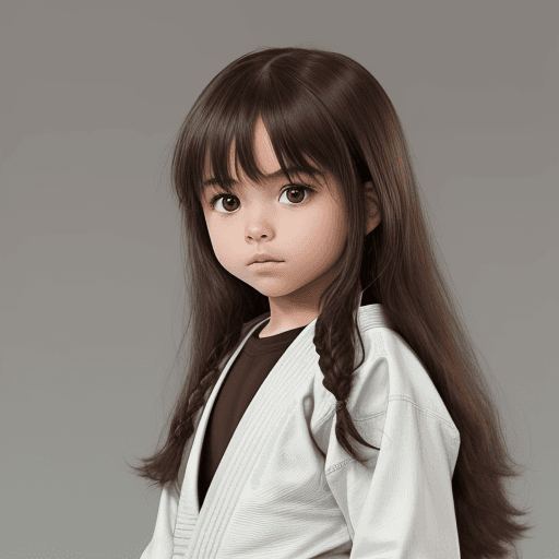 AI generated: young child with a brain, long hair, brown eyes, and practicing judo.