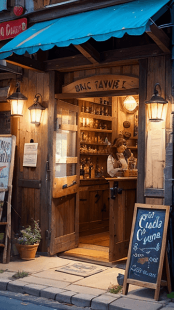 AI generated: entrance to a tavern or cantina, a weathered sign swinging above the entrance, the sound of lively c...