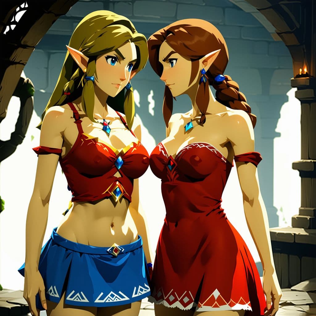 AI generated: cleavage, 2 girls, yuri, red dress, blue skirt, passionate, absurd res, rule 63, link, zelda, legend...