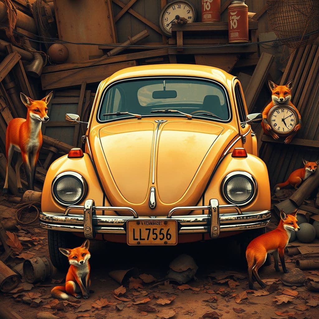 AI generated: Create a vintage poster of a VW Beetle in the style of rustic simplicity, gritty reportage, kombucha...