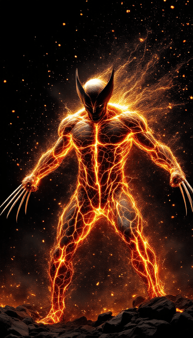 AI generated: Wolverine as a god of fire disintegrating form lunging, the unrepentant Wolverine arms outstretched,...