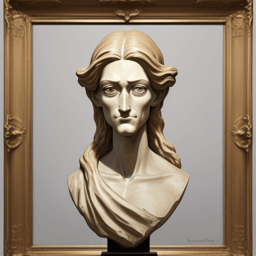 AI generated: The painting depicts a statue, which is a caricature of a person. The statue stands on a flat base a...