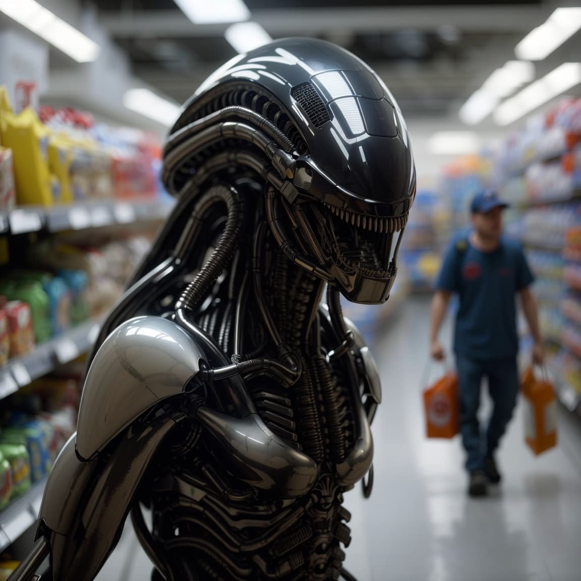 AI generated: HR giger's Xenomorph from the movie Alien, very scary, intense, alien creature with a wet look, insi...
