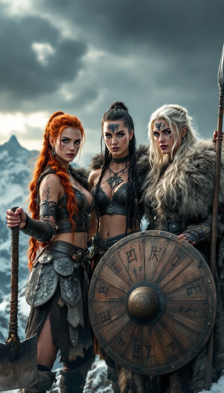 AI generated: Three distinct Viking warrior women standing together on a snowy mountain peak; one with fiery red h...