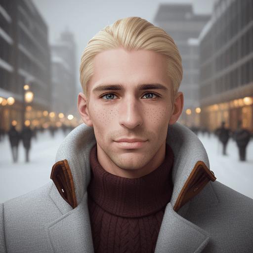 AI generated: professional portrait photograph of a gorgeous Colombian blonde man in winter clothing, 38 years old...