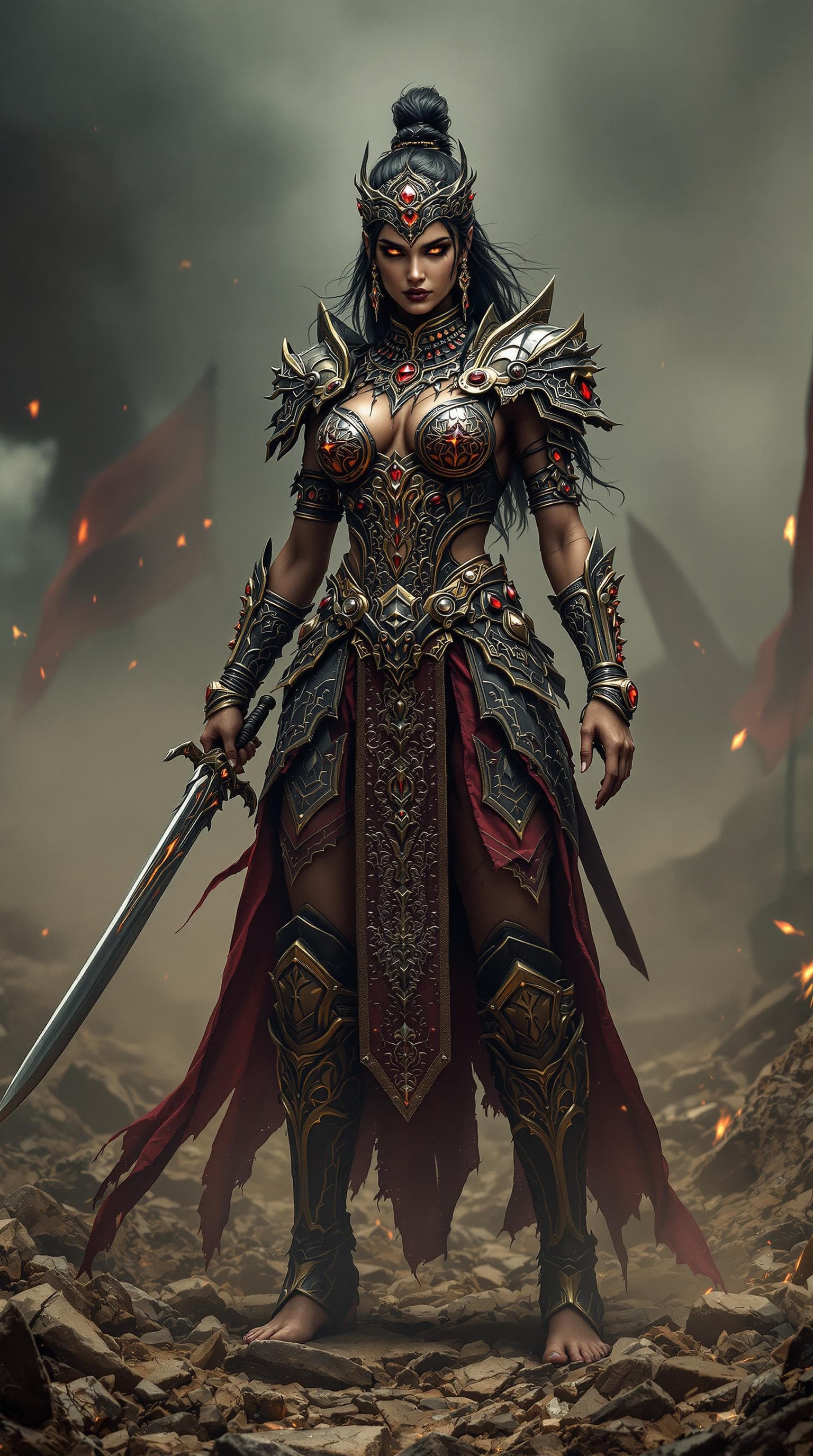 AI generated: Full body view A beautiful, brave, indian woman as a towering, battle-hardened Indian warrior, in a ...