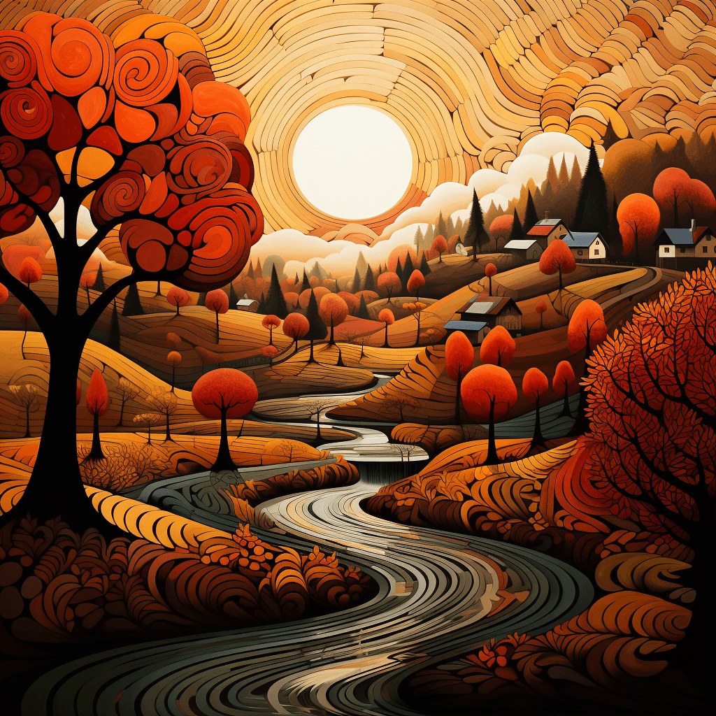 AI generated: Geometrical art of autumn landscape, warm colors, a work of art, grotesque, Mysterious