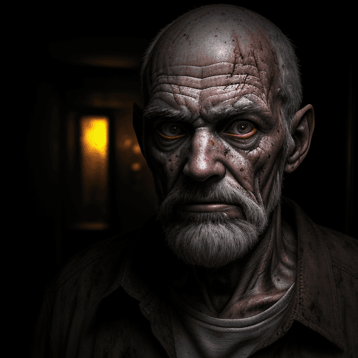 AI generated: old man, 55, horror, ultra-detailed, HDR, dramatic lighting --ar 9:16 --q 2 --s 750