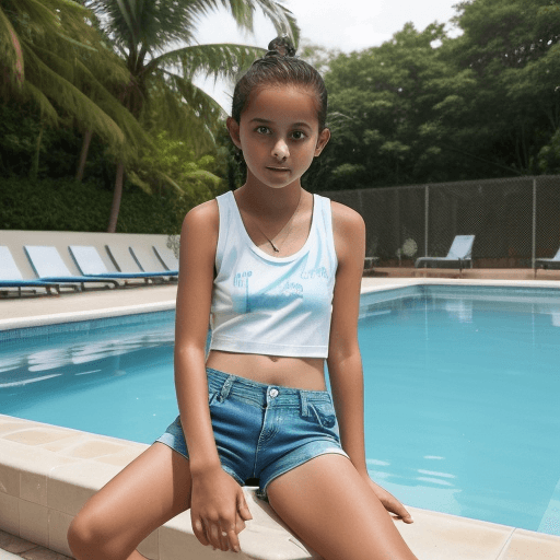 AI generated: arafed girl in a white tank top and blue shorts standing by a pool, next to a pool, dressed in a top...