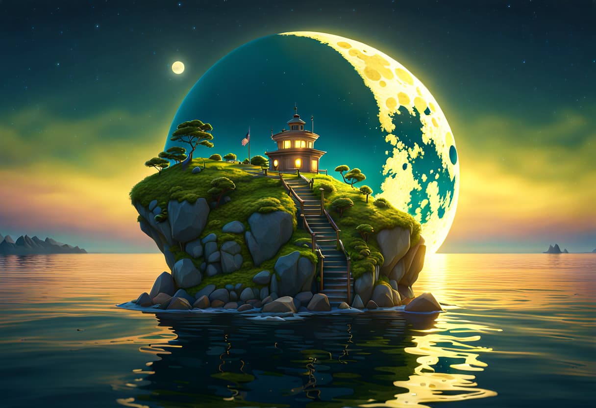 AI generated: complex 3d render ultra detailed, 8k, (full moon) night sky, torquoise sea foamy waves, a mossy intr...