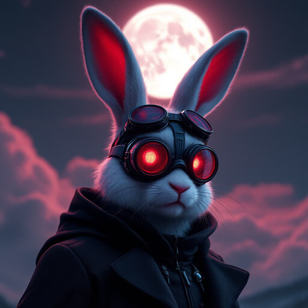 AI generated: an anthropomorphic rabbit with red eyes anda black mask, in the style of hyper-realistic portraiture...