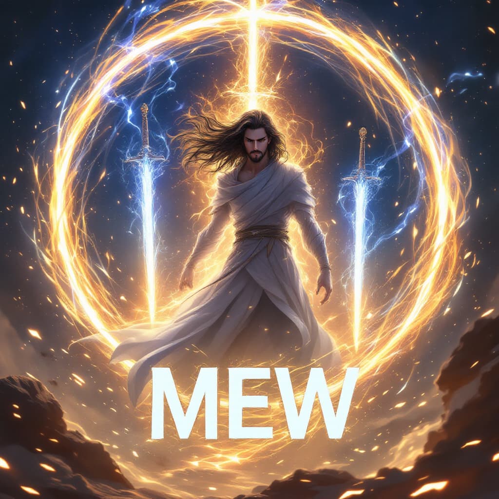 AI generated: In a mesmerizing scene, an ethereal anime man stands amidst swirling portals, each exuding sparkling...
