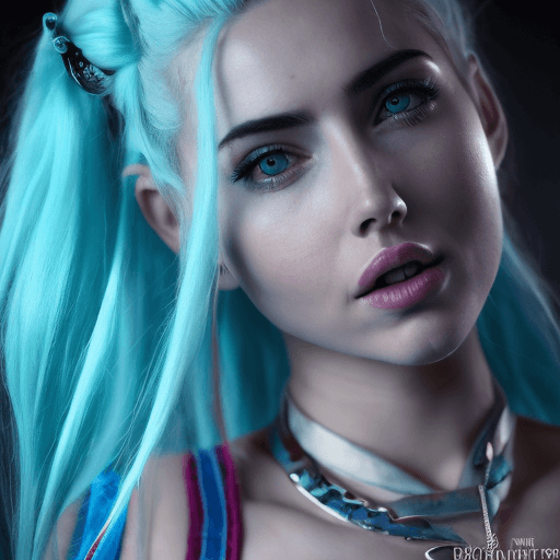 AI generated: Ana de Armas naked as jinx from arcane standing in a nightclub with light blue hair and long blue pl...