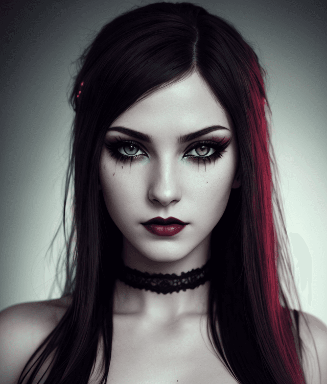 AI generated: {Velvet Velour} 18 y.o. , vampire the masquerade bloodlines style, [ (smeared mascara:1.1) : goth ma...