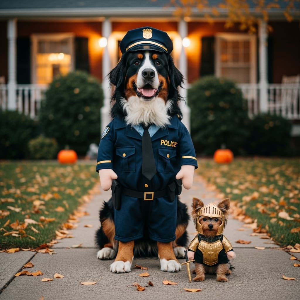AI generated: Create a highly detailed photograph of a much bigger Bernese Mountain Dog and a Yorkshire terrier dr...