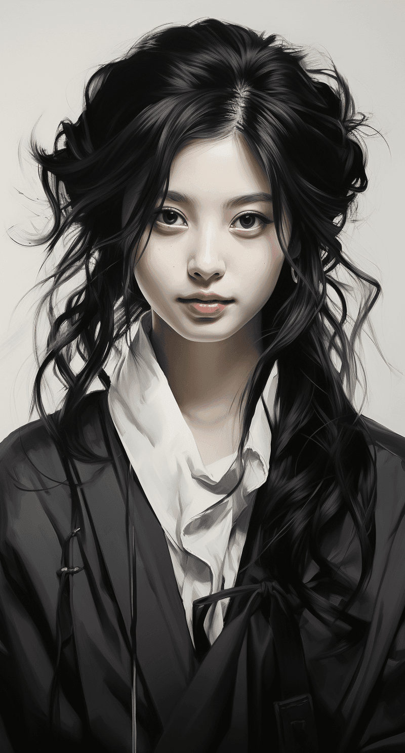AI generated: a beautiful drawing of a girl in black and white, in the style of gongbi, dark silver and light pink...