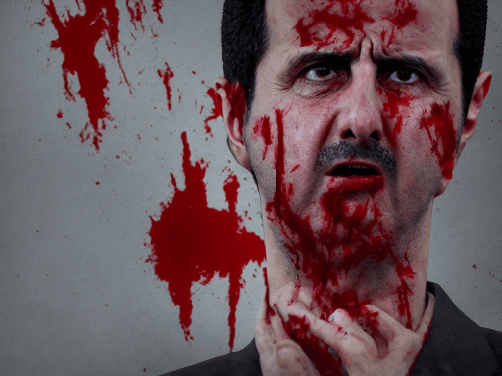 AI generated: portrait of Bashar al-assad crying with eyes swollen and blood eveywhere, realistic, cinematic light...