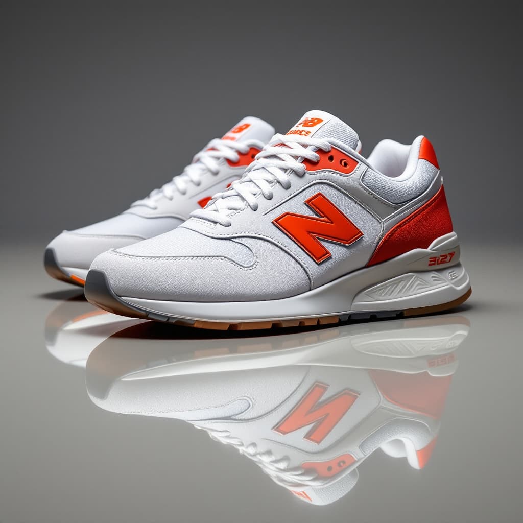 AI generated: photograph, productive, New Balance 327, white and orange, red, reflection