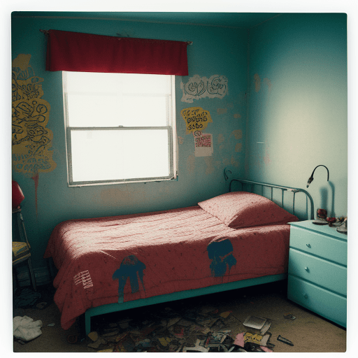 AI generated: an image of a polaroid photo taken of a poorly lit bedroom where the bedframe and walls have been co...