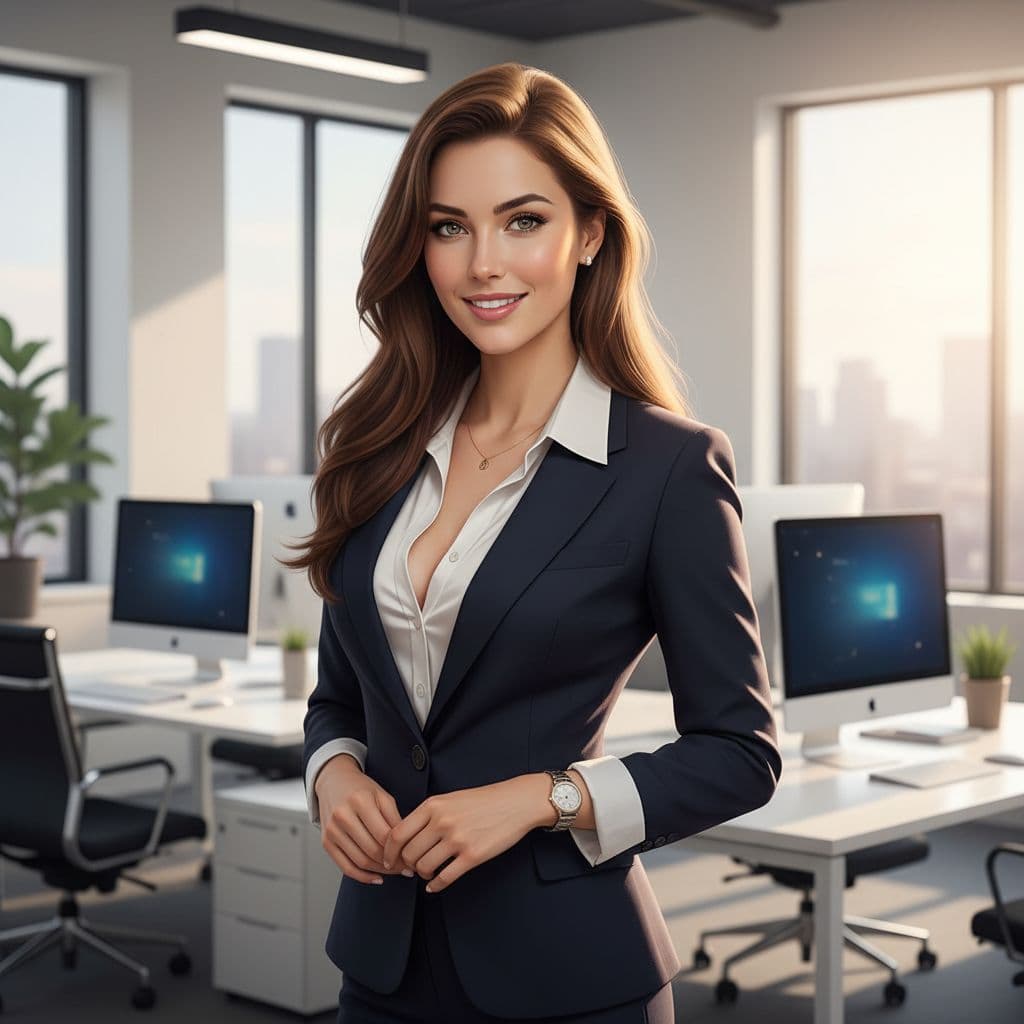 AI generated: A photorealistic masterpiece of an office lady with long, silky chestnut hair cascading over her sho...