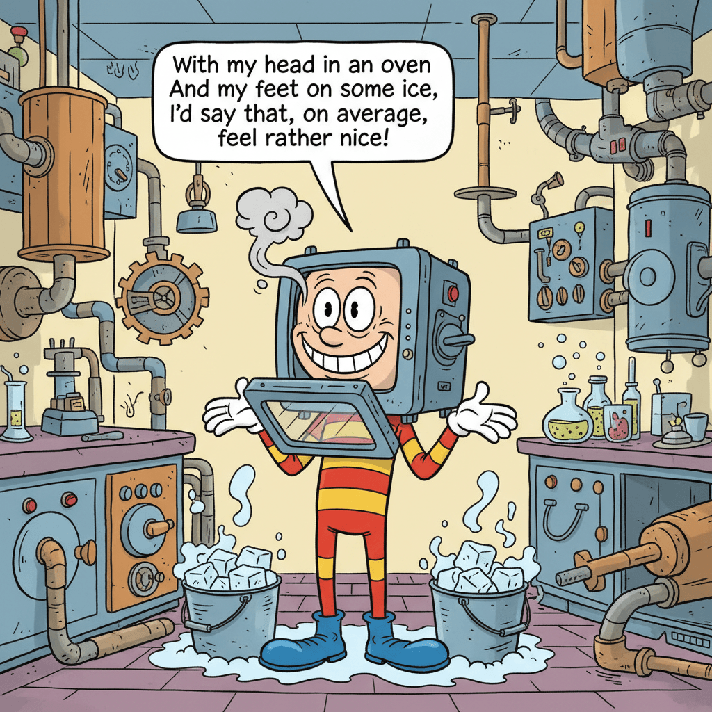 AI generated: basic comic character with "With my head in an oven
And my feet on some ice,
I’d say that, on aver...