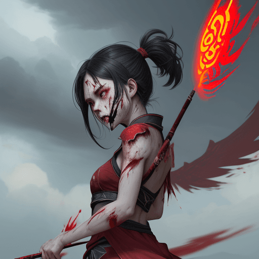 AI generated: 1girl, blood on face, angry, <lora:nezha_20230529030816:0.75>, holding spear, (flying), chinese myth...