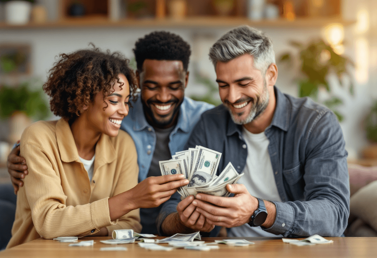 AI generated: realistic image of minority family with money in their hands happy 