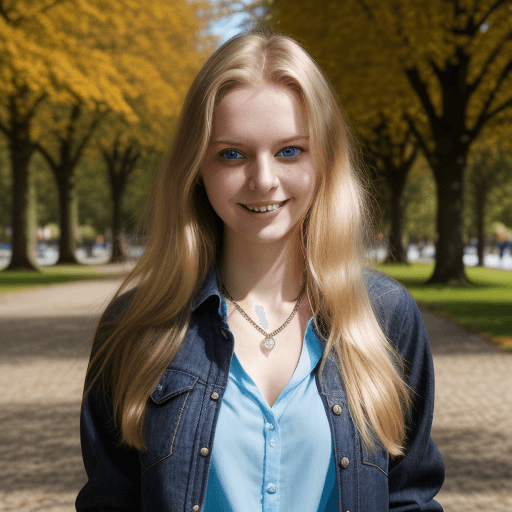 AI generated: 22 year old german girl, long dark blonde hair, blue eyes, friendly but shy smile, necklace, standin...