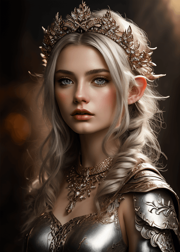 AI generated: mj, close up dark digital illustration of a gorgeous elf woman in silver armor, ethereal beauty, ele...