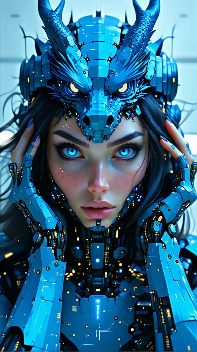 AI generated: a woman with blue eyes and a robot head with a dragon on her forehead and hands on her head, Android...