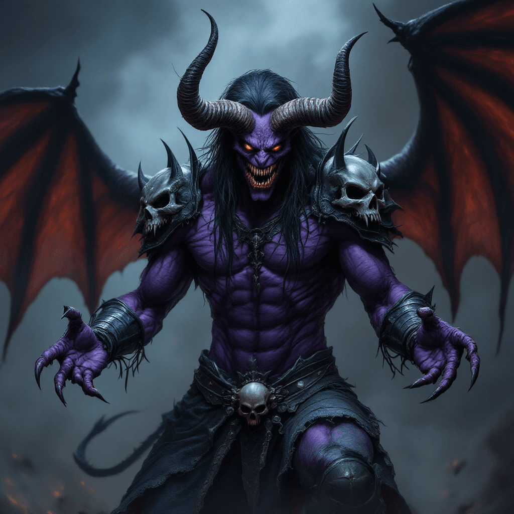 AI generated: a complete purple skinned demon with monstrous face, piercing red eyes and fangs with long black hai...