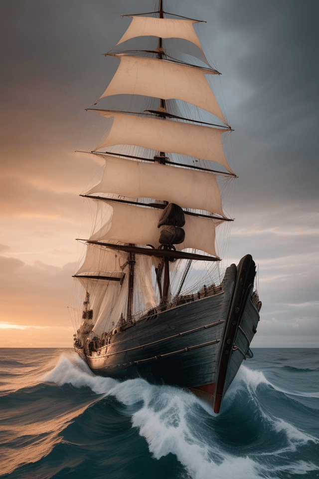 AI generated: Photo of a ultra realistic sailing ship, dramatic light, pale sunrise, cineA movie poster: Standing ...