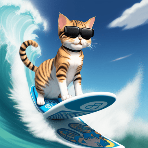 AI generated: cat surfing on a surfboard, high waves, cat wearing sunglasses, cat has mouth open (((facing viewer)...