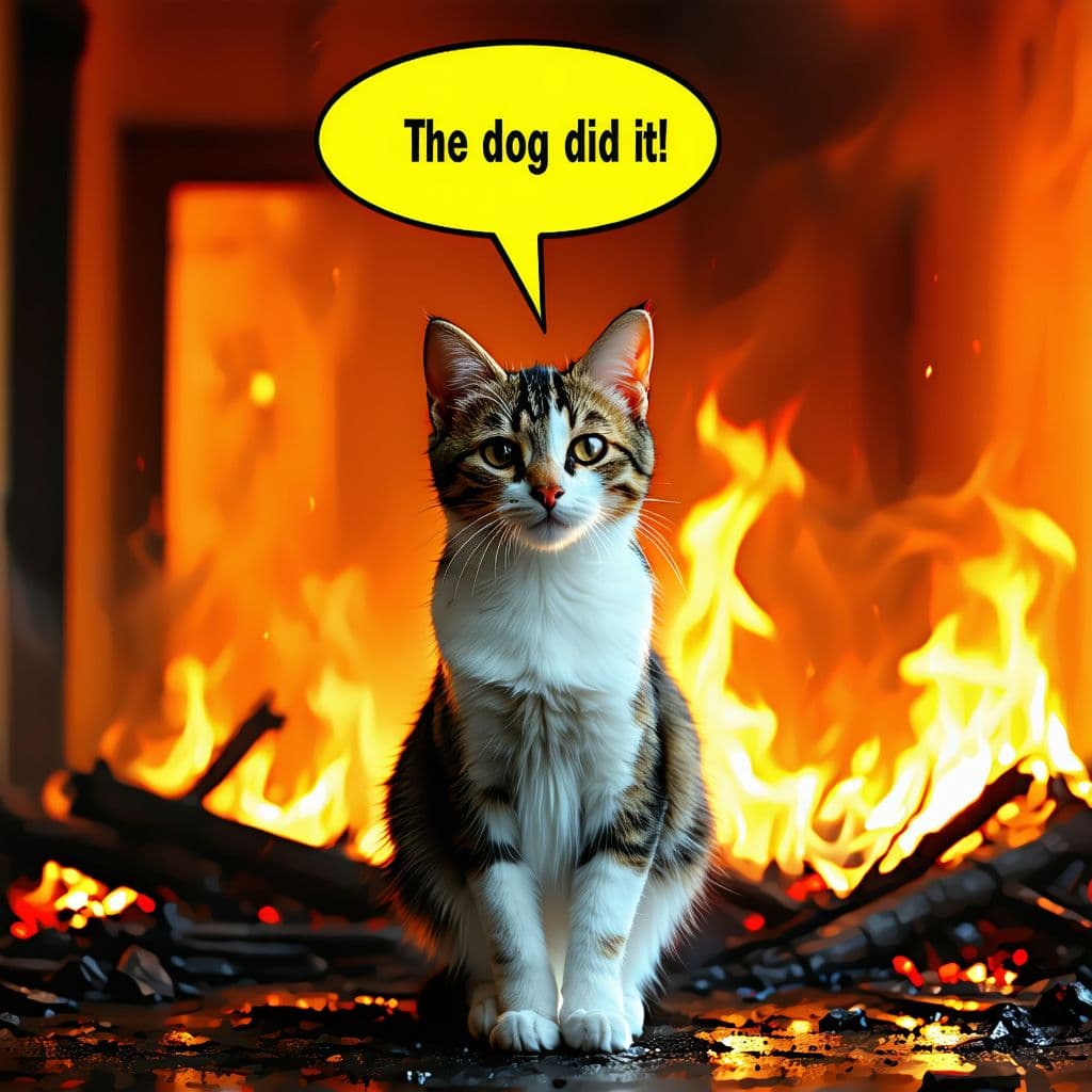 AI generated: A photorealistic image of a calm, innocent-looking cat sitting in the middle of a burning room. Flam...